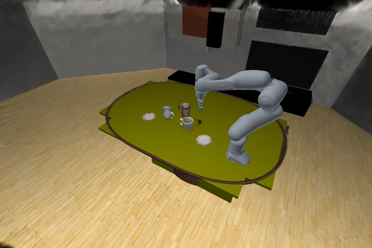 Recorded robot and reconstructed cup in a LIBERO tabletop scene