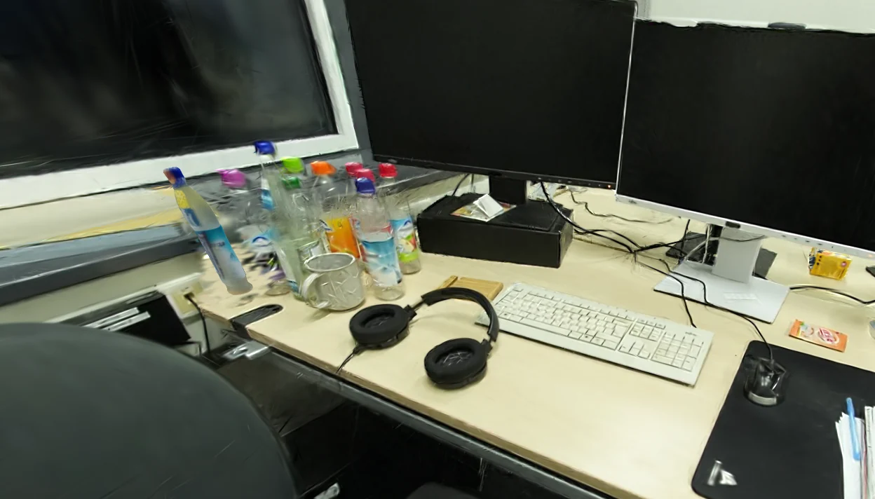 Reconstructed bottle reassembled into a Gaussian office scene