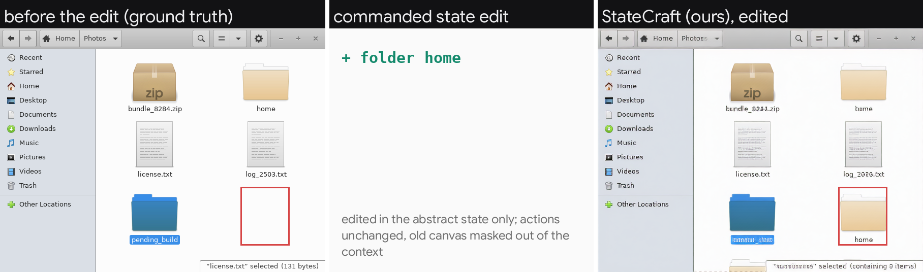 Insertion edit: original frame, graph diff and generated frame.