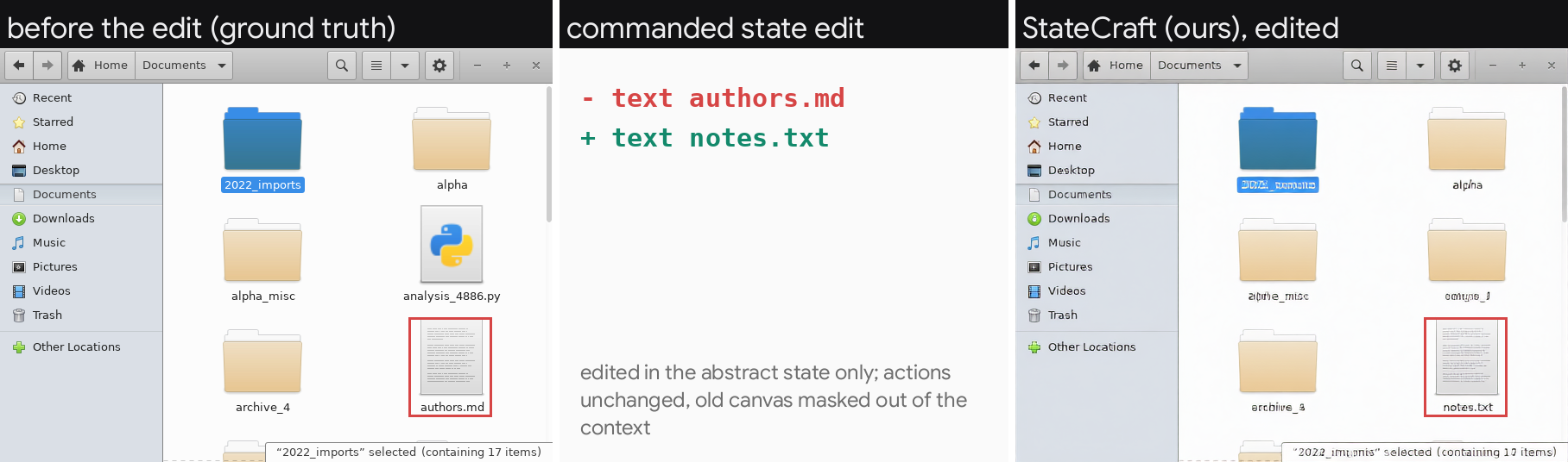 Rename edit: original frame, graph diff and generated frame.
