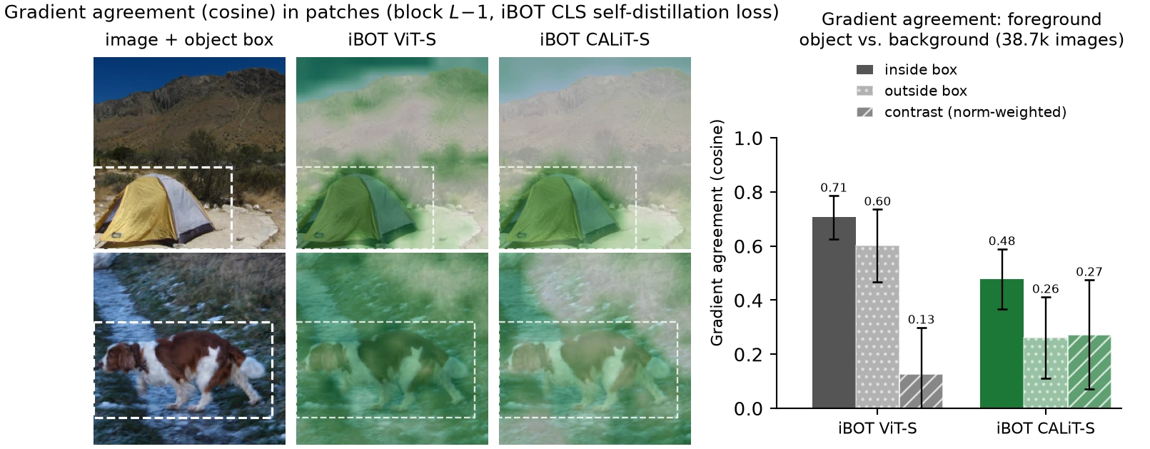 Gradient agreement maps and bar chart for iBOT ViT-S and CALiT-S under iBOT's CLS self-distillation loss